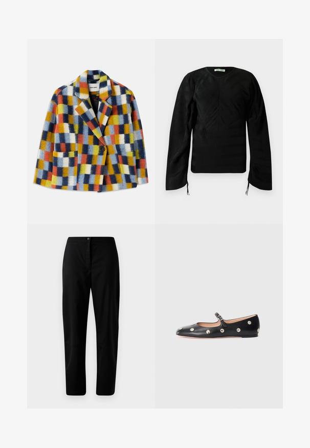 Krāsains vilnas žakets ar ģeometrisku pārbaudi zilā, oranžā, dzeltenā, baltā un melnā krāsā, ar atloks un vienu pogu aizdari.; Melnā garo piedurkņu teksturētā blūze ar smalkām viļņainām rakstām, apkakles izgriezumu, nedaudz puffētām plecu daļām un maziem saišķīšiem pie piedurkņu galiem.; Melnas taisnas kājas bikses ar pogu un rāvējslēdzēju, gluda auduma un minimālais dizains uz viendabīga gaiša fona.; Melna ādas Mary Jane līdzena zābaku ar noapaļotu purngalu, kurā ir sudraba apaļie kniedes un regulējama siksniņa ar sprādzi.