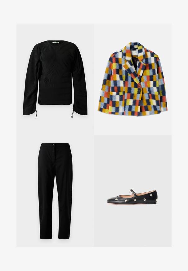 Colorful wool blazer with geometric check pattern in blue, orange, yellow, white, and black, featuring lapels and a single button closure.; Black long-sleeve textured top with subtle wavy patterns, crew neckline, slightly puffed shoulders, and small ties at the sleeve ends.; Black straight-leg trousers with button and zip closure, smooth fabric, and minimal detailing against a plain light background.; Black leather Mary Jane flat shoe with a rounded toe, featuring silver circular studs and an adjustable strap with a buckle.