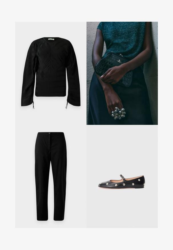 Farverig uld blazer med geometrisk ternet mønster i blå, orange, gul, hvid og sort, med rever og enkelt knaplukning.; Sort langærmet top i tekstur med subtile bølgemønstre, rund halsudskæring, let puffede skuldre og små bånd i ærmeslutningerne.; Sorte lige bukser med knap- og lynlåslukning, glat stof og minimal detaljering mod en ensfarvet lyse baggrund.; Sorte læder Mary Jane flad sko med en rund tå, udstyret med sølvfarvede runde nitter og en justerbar rem med spænde.; Sorte clutchtaske med krokodillemønster og sølvhardware, holdt mod en tekstureret grå baggrund. Har en blank overflade.