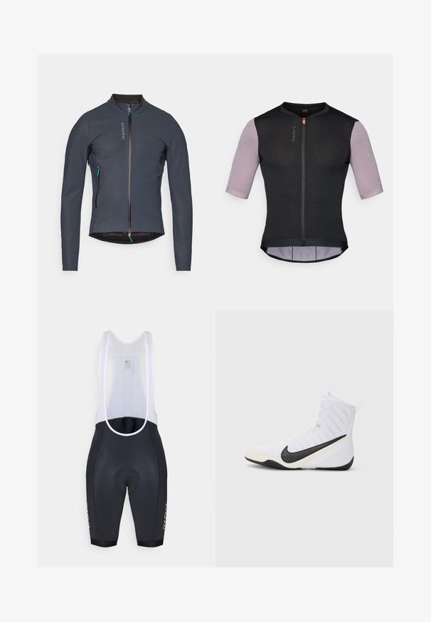 Jachetă de ciclism gri închis cu guler înalt, fermoar pe întreaga lungime în față și căptușeală texturată. Dispune de un buzunar cu fermoar accentuat cu nuanțe de teal.; Jersey de ciclism negru cu mâneci scurte cu model. Are un fermoar frontal, material respirabil din plasă și un spate ușor alungit pentru o acoperire suplimentară.; Pantaloni scurți de ciclism negri cu bretele albe din plasă, zonă de șezut căptușită și un detaliu cu logo pe picior. Material neted cu un design ajustat.; Pantof sport Nike în plasă albă cu logo negru. Prezintă un design cu gheată înaltă, vârf întărit și talpă neagră texturată.