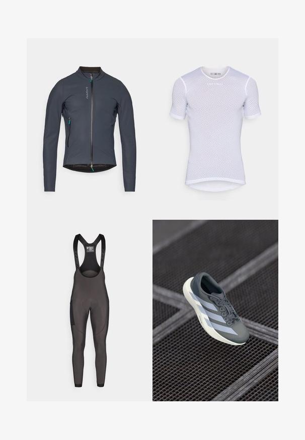 Jachetă de ciclism gri închis cu guler înalt, fermoar pe întreaga lungime în față și căptușeală texturată. Dispune de un buzunar cu fermoar accentuat cu nuanțe de teal.; Cămașă scurtă din plasă albă cu guler rotund, având o textură respirabilă și un logo subtil al brandului pe piept.; Colanți de ciclism negri, cu bretele ajustabile, zonă căptușită pentru șezut și panouri texturate pe laterale pentru un grip și suport suplimentar.; Pantof sport gri și alb, realizat din material sintetic, cu un design aerodinamic, finisaj texturat și un sistem de șireturi proeminent.