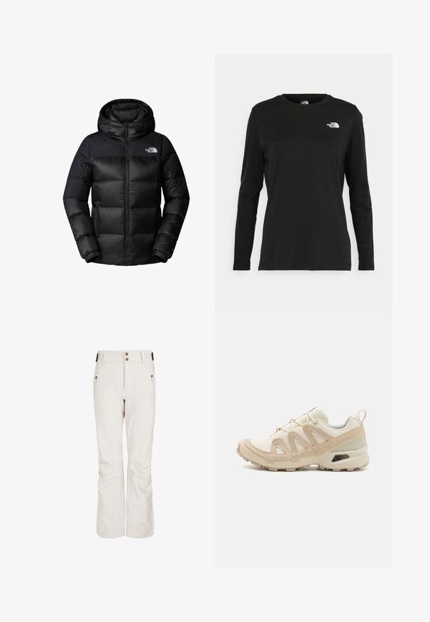 Crna puffer jakna s patentnim zatvaračem sprijeda, velikom kapom i horizontalnim kvadratićima. Izrađena od glatkog, izdržljivog materijala s logotipom na prsima.; Crni dugih rukava majica od pamuka s okruglim izrezom. Ima mali bijeli logo na lijevoj strani prsnog područja. Jednostavan dizajn i kroj.; Kremaste skijaške hlače glatke teksture, s dva džepa na zatvarač, dva prednja dugmeta i prilagođenim dizajnom za toplinu i mobilnost.; Bež i kremasti sportski tenisice s teksturiranim mrežastim gornjim dijelom, potpornih preklopa i gumeni potplat s uzorcima za prianjanje.