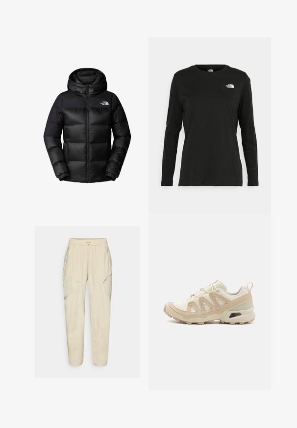 Černá péřová bunda s předním zipem, velkou kapucí a vodorovným prošíváním. Vyrobena z hladkého, odolného materiálu s logem na hrudi.; Černé tričko s dlouhým rukávem vyrobené z bavlny s kulatým výstřihem. Na levé části hrudi se nachází malé bílé logo. Jednoduchý design a střih.; Světlé béžové cargo kalhoty s elastickým pasem, zipovými kapsami a detailními panely. Vyrobené z hladké, lehké tkaniny.; Béžová a krémová sportovní obuv s texturovaným síťovaným svrškem, podpůrnými překryvy a gumovou podrážkou s dezénem pro lepší přilnavost.