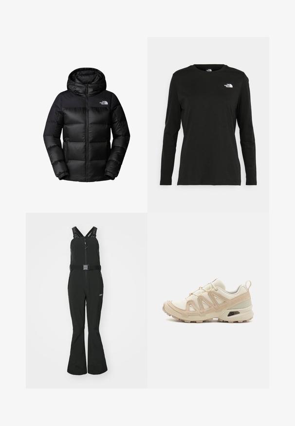 Black puffer jacket featuring a zip front, large hood, and horizontal quilting. Made from smooth, durable fabric with logo on chest.; Black long-sleeve t-shirt made of cotton with a round neck. Features a small white logo on the left chest area. Simple design and fit.; Oakley HARPER BIB - Snowboard pants - blackout; Beige and cream athletic shoe with textured mesh upper, supportive overlays, and rubber outsole featuring a tread pattern for traction.