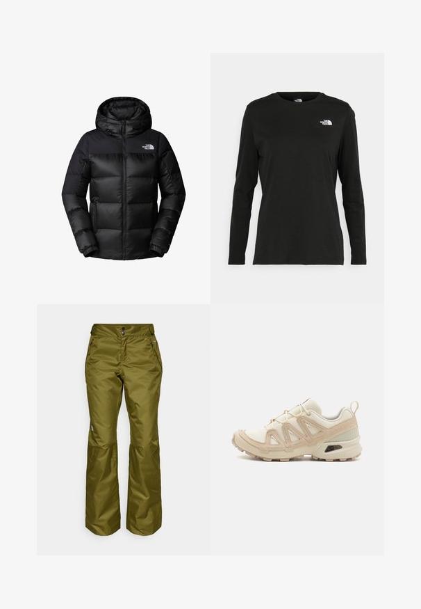 Crna puffer jakna s patentnim zatvaračem sprijeda, velikom kapom i horizontalnim kvadratićima. Izrađena od glatkog, izdržljivog materijala s logotipom na prsima.; Crni dugih rukava majica od pamuka s okruglim izrezom. Ima mali bijeli logo na lijevoj strani prsnog područja. Jednostavan dizajn i kroj.; Maslinasto zelene vodootporne hlače, izrađene od sjajnog najlona, s ravnim krojem, dva bočna džepa sa patentnim zatvaračem i kopčom na dugme u struku.; Bež i kremasti sportski tenisice s teksturiranim mrežastim gornjim dijelom, potpornih preklopa i gumeni potplat s uzorcima za prianjanje.