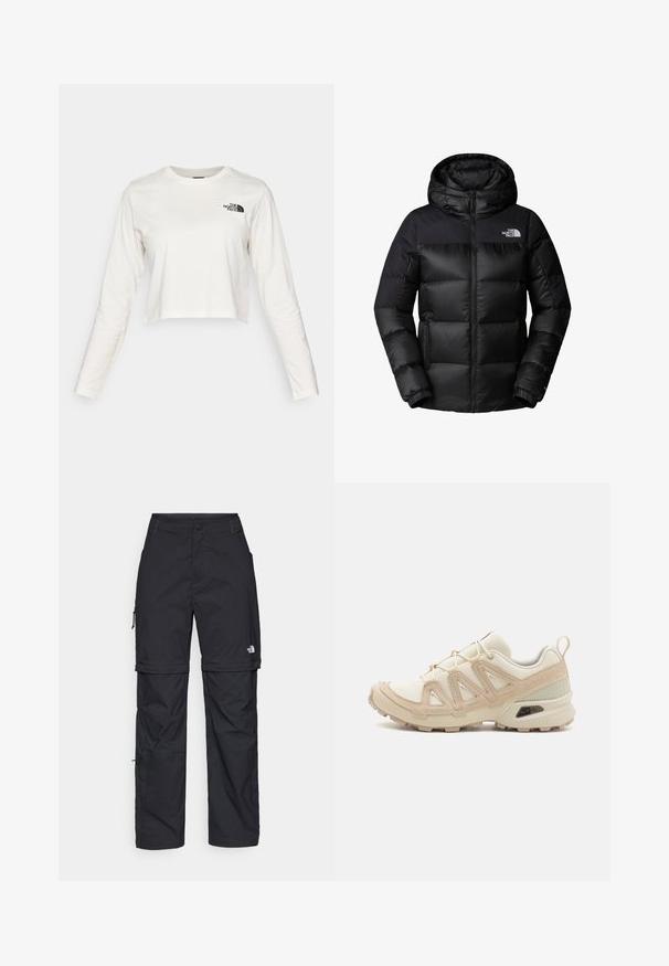 Fekete puffdzseki cipzáros elől, nagy kapucnival és vízszintes steppeléssel. Simítását a strapabíró anyag adja, a mellrészén logó található.; Rövidített, hosszúujjú póló törtfehér pamutból, bal mellen egy kis fekete logóval és kerek nyakkivágással.; Fekete nylon zipzáras cargo nadrág állítható mandzsettával, több zsebbel és logóval a jobb lábon. Simább, könnyű textúra.; Beige és krém színű sportcipő, texturált hálós felsőrésszel, támogató burkolattal és gumitalppal, amely tapadás érdekében bordázott mintázattal rendelkezik.