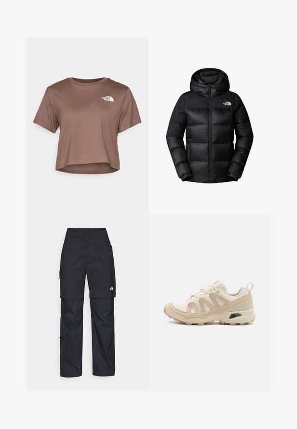 Černá péřová bunda s předním zipem, velkou kapucí a vodorovným prošíváním. Vyrobena z hladkého, odolného materiálu s logem na hrudi.; The North Face SIMPLE DOME CROPPED SLIM TEE - Triko s potiskem - smokey brown; Černé nylonové cargo kalhoty na zip s nastavitelnými manžetami, několika kapsami a logem na pravé noze. Hladká, lehká textura.; Béžová a krémová sportovní obuv s texturovaným síťovaným svrškem, podpůrnými překryvy a gumovou podrážkou s dezénem pro lepší přilnavost.