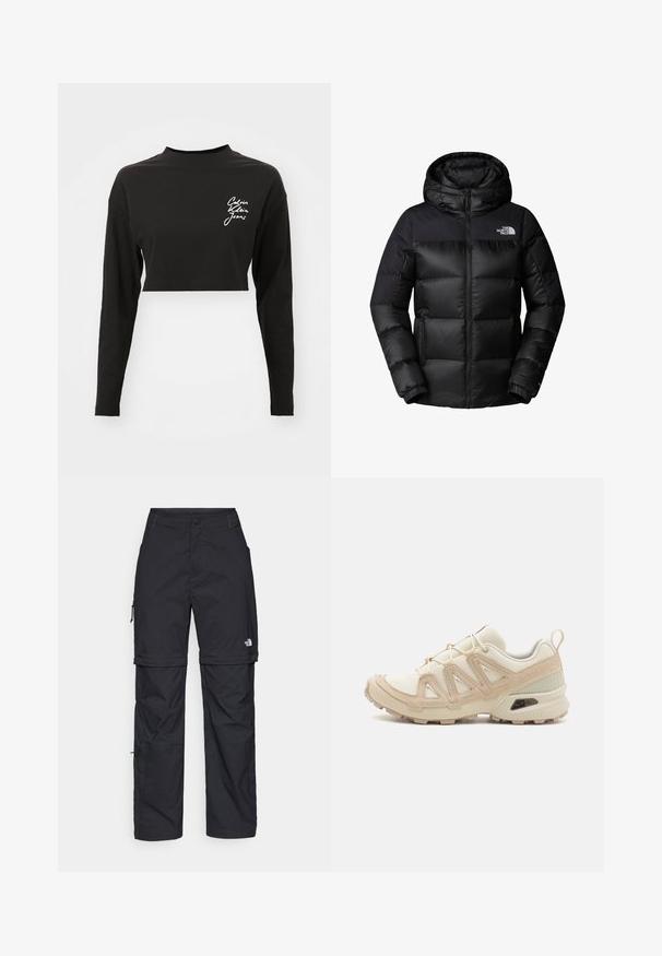 Mustvalge puhvri jope, millel on tõmblukuga esikülg, suur kapuuts ja horisontaalne tikand. Valmistatud siledast, vastupidavast materjalist, rinnal on logo.; Must musterniku pikendusega must t-särk pehmest puuvillast, millel on kõrge kaelus ja valge logo vasakul rinnal.; Mustad nailonist valmistatud eemaldatavad cargo-püksid, reguleeritavate pahkluudega, mitmete taskutega ja paremal jalal logoga. Sile, kerge tekstuur.; Beež ja koobalti spordijalats tekstureeritud võrkkattega, toetavad ülemised kihid ja kummist tallaga, millel on mustriga joonistus haardeks.