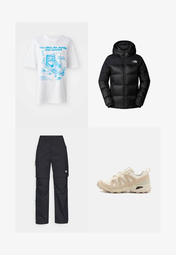 Chaqueta de pluma negra con cierre de cremallera en la parte delantera, gran capucha y acolchado horizontal. Fabricada con una tela suave y duradera, con el logotipo en el pecho.; Camiseta blanca de algodón con texto gráfico azul e ilustraciones de zapatos Air Jordan y una figura. Mangas cortas y ajuste relajado.; Pantalones cargo de nailon negro con cremallera desmontable, puños ajustables, múltiples bolsillos y un logotipo en la pierna derecha. Textura suave y ligera.; Zapatilla deportiva beige y crema con parte superior de malla texturizada, superposiciones de soporte y suela de goma con un patrón de tracción.
