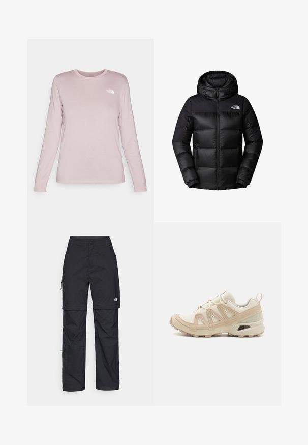 Black puffer jacket featuring a zip front, large hood, and horizontal quilting. Made from smooth, durable fabric with logo on chest.; Long-sleeve shirt in soft pink fabric with a round neckline, featuring a white logo on the left chest and fitted sleeves.; Black nylon zip-off cargo trousers with adjustable cuffs, multiple pockets, and a logo on the right leg. Smooth, lightweight texture.; Beige and cream athletic shoe with textured mesh upper, supportive overlays, and rubber outsole featuring a tread pattern for traction.