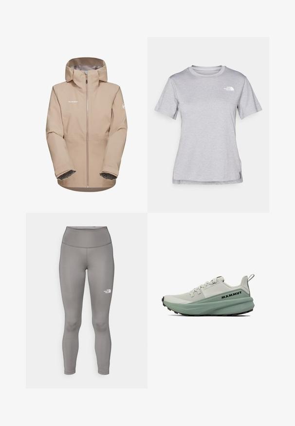 Beżowa wodoodporna kurtka z kapturem, pełnym zamkiem błyskawicznym z przodu i szarym wnętrzem. Posiada logo na piersi oraz mankiety na rękawach.; Szara, krótkozasięgowa koszulka wykonana z miękkiego, odprowadzającego wilgoć materiału. Posiada okrągły dekolt oraz małe białe logo w górnym lewym rogu.; Szare legginsy z elastycznego materiału, z wysokim stanem i białym logo Northern Face na lewym udzie.; Jasnoszare buty sportowe z miętowozielonymi akcentami, z teksturowanym łożyskowym wierzchem, masywną podeszwą i czarną podeszwą zewnętrzną. Logo widoczne po boku.