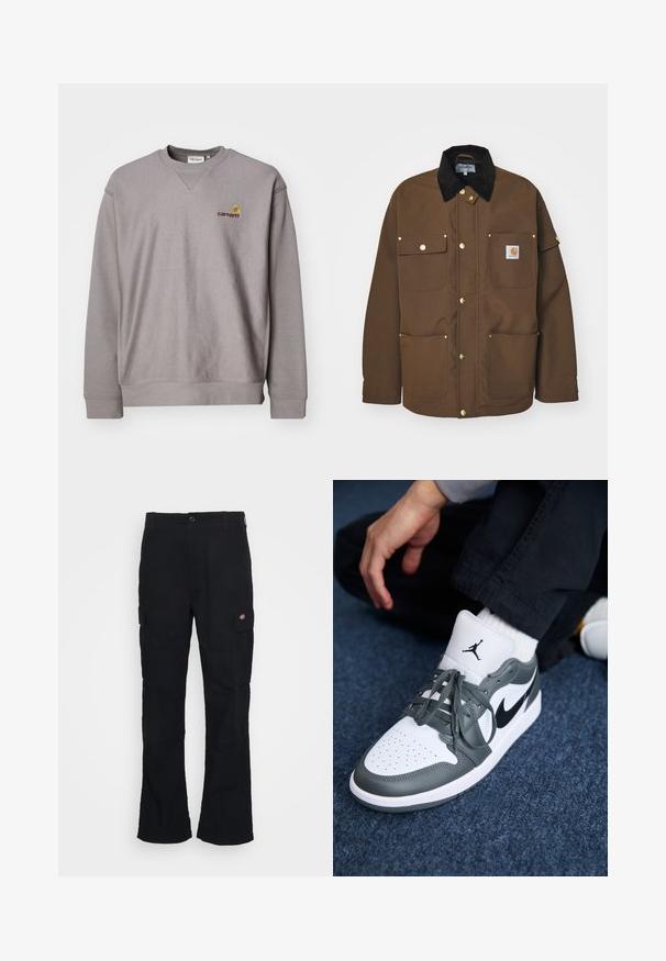 Brown jacket made of durable fabric, featuring a black corduroy collar, gold buttons, and multiple pockets with a logo patch.; Gray sweatshirt with a crew neckline, ribbed cuffs, and a subtle logo in embroidered yellow and burgundy. Made of soft, textured fabric.; Black cargo pants with a straight leg design, made from durable fabric, featuring side pockets and a patch logo on the left side.; Nike Air Jordan 1 sneakers in white and gray leather, featuring a black logo, perforated toe, and flat gray laces.