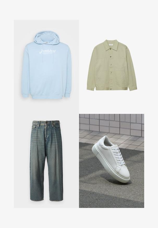 Světle zelená, zapínací bunda vyrobená z bavlny. Obsahuje dvě přední náprsní kapsy a klasický límeček. Texturovaná látka s hladkým povrchem.; Světle modrá mikina s klokaní kapsou vpředu, kapucí se šňůrkou a bílým logem na hrudi. Vyrobena z měkkého materiálu s pružnými manžetami.; Světle modré denimové džíny s volným střihem, středně vysokým pasem a rovnými nohavicemi. Obsahují pět kapes, poutka na opasek a zapínání na knoflík.; Bílé kožené tenisky s hladkým povrchem, kulatou špičkou a plochými bílými tkaničkami. Disponují texturovanou gumovou podrážkou a minimálními designovými prvky.