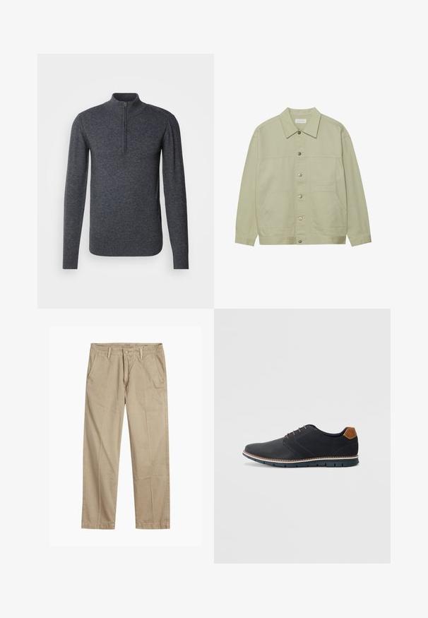 Svetlozelena, jakna na gumb iz bombaža. Ima dva sprednja žepa in klasičen ovratnik. Teksturo ima s smooth koncem.; INDICODE JEANS Pulover - charcoal mix; Bežne bež hlače ravnega kroja z zanko za pas, sprednjim gumbom in zadrgo ter bočnimi žepki.; Črne sintetične čevlje z teksturirano zgornjščino, gladkimi akcenti, rjavim petnim delom in kontrastnim podplatom. Imajo minimalno vezanje in detajle šivanja.