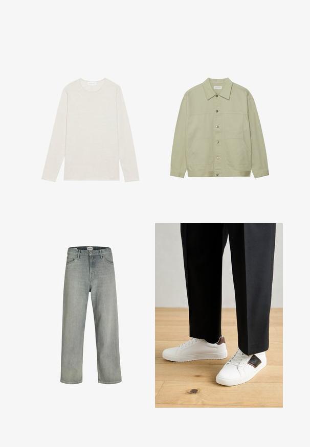 Lys grønn, knappet jakke laget av bomull. Har to frontlommer og en klassisk krage. Teksturert stoff med en glatt overflate.; Kremfarget langermet t-skjorte laget av myk strikket stoff. Har rund hals og en avslappet passform uten synlige mønstre eller detaljer.; Lys grå, løstsittende jeans laget av denim. Har en klassisk fem-lomme-design, beltehemper og en rett ben-silhuett.; Hvite sneakers med glatt tekstur, med brune skinnakenter og svart detaljer, parret med svarte skreddersydde bukser. Bakgrunn med tregulv.