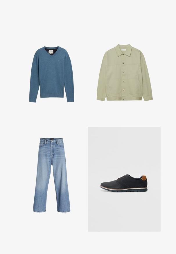 Svijetlozelena jakna na dugmad napravljena od pamuka. Ima dva prednja džepa i klasičan ovratnik. Tekstuirana tkanina sa glatkom završnom obradom.; Plavi pamučni džemper s V-izrezom, dugim rukavima i rebrastim manžetama. Ima mali logo na prsima i meku, teksturiranu tkaninu.; Svijetloplavi traper široke nogavice s visokim strukom, sa zatvaračem na gumbe, dizajnom od pet džepova i suptilnim izblijeđenjem. Čisti rubovi.; Crne sintetičke cipele s teksturiranim gornjim dijelom, glatkim akcentima, smešnim petom i kontrastnom potplatom. Imaju minimalne vezice i detalje šivanja.