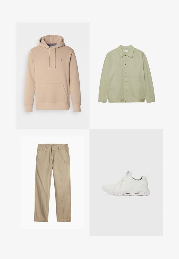Svetlozelená, zapínacia bunda z bavlny. Disponuje dvoma prednými vačkovými vreckami a klasickým golierom. Textúrovaná tkanina s hladkým povrchom.; Béžová mikina vyrobená z mäkkého materiálu, s prednou vreckom, nastaviteľnou šnúrkou a vyšitým logom na hrudi.; Béžové chinos nohavice rovného strihu s pútkami na opasok, predným gombíkom a zipsom, a šikmými prednými vreckami.; Biele športové topánky so štruktúrovaným pleteným zvrškom, plochými šnúrkami a odpruženou podrážkou s viditeľnými vzduchovými komorami pre dodatočnú podporu.