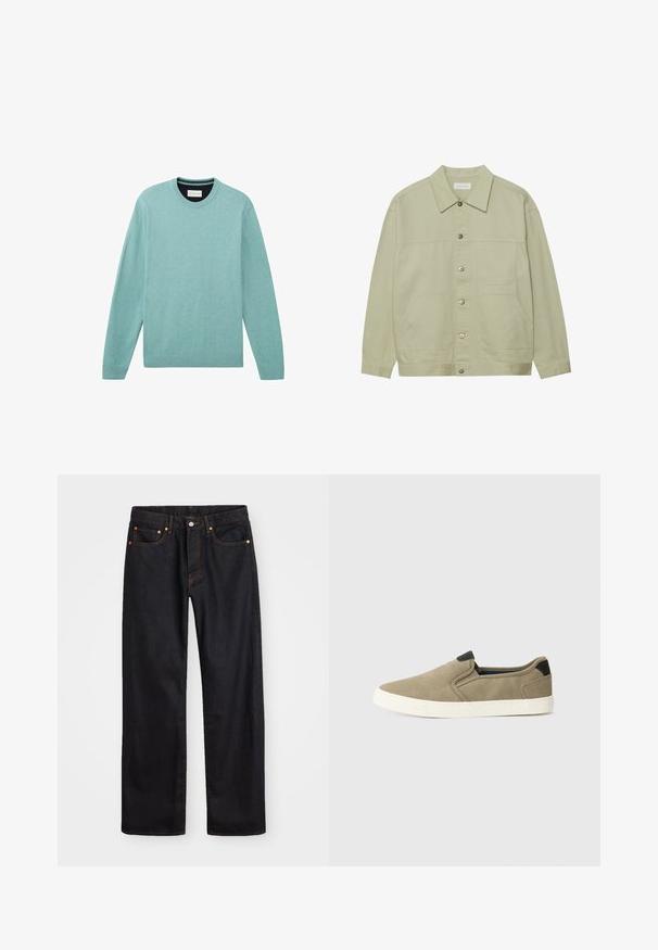Hellgrüne, kurzärmelige Jacke mit Knöpfen aus Baumwolle. Verfügt über zwei aufgesetzte Taschen auf der Vorderseite und einen klassischen Kragen. Strukturiert mit einer glatten Oberfläche.; Hellblauer Pullover aus weichem Material, mit langen Ärmeln, einem Rundhalsausschnitt, gerippten Bündchen und einer schlichten Oberfläche mit feiner Textur.; Herren gerade geschnittene schwarze Jeans aus Denim mit fünf Taschen und orangefarbenen Nähten, Knopf- und Reißverschluss vorne am Bund.; Taupe Schlupfschuhe mit einer strukturierten Stoffoberfläche, kontrastierendem schwarzen Absatz und weißer Gummisohle. Perforiertes Design für Atmungsaktivität.