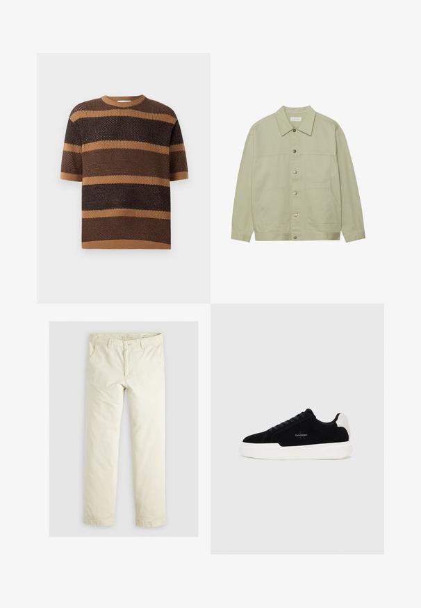 Világos zöld, gombos dzseki pamutból. Két elülső foltvarrásos zseb és klasszikus gallér jellemzi. Texturált anyag, sima felülettel.; Kötött pulóver, rövid ujjakkal, kerek nyakkal, váltakozó barna és bézs vízszintes csíkokkal, texturált anyagból.; Világos bézs, laza szabású nadrág három zsebbel, övpántokkal és egyenes szárú kialakítással. Puha pamut keverék anyagból készült.; Fekete alacsony szárú sneaker fehér talppal és saroktabbal, fűzős elülső résszel és Calvin Klein logóval az oldalon.