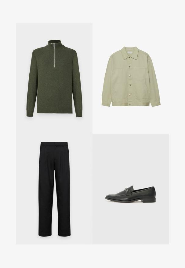 Svijetlozelena jakna na dugmad napravljena od pamuka. Ima dva prednja džepa i klasičan ovratnik. Tekstuirana tkanina sa glatkom završnom obradom.; Tamnozeleni pleteni džemper s dugim rukavima i prednjim srebrnim patentnim zatvaračem koji se proteže do polovice niz izrez od lažne ovratnike.; Crne hlače od glatkog materijala, s dizajnom ravnih nogavica, dva prednja nabora i standardnim pojasom s petljama za remen.; Crna kožna loafer cipela s glatkom finišem, s ušivenim uzorkom i dekorativnim metalnim lancem preko prednjeg dijela. Ravni potplat.