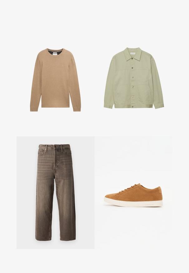 Svetlozelena, jakna na gumb iz bombaža. Ima dva sprednja žepa in klasičen ovratnik. Teksturo ima s smooth koncem.; Bež pleten pulover z okroglo ovratnico, dolgimi rokavi ter rebrastimi manšetami in robom. Ima majhen logo na prsih.; Rjavi široki traper hlače. Imajo zadrgo, zanke za pas in pet žepov. Tkanina ima zbledel in teksturiran videz.; Rjavi semiš športni copati z nizkim dizajnom, belem gumijastem podplatu in okroglo oblikovanim nosom. Imajo usklajene vezalke in minimalno blagovno znamko na peti.