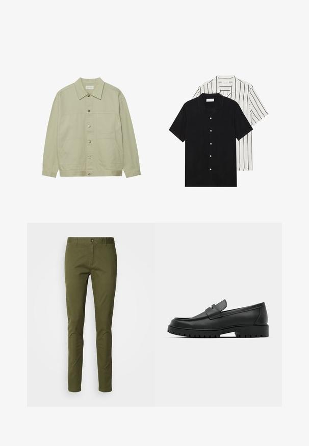 Giacca button-up verde chiaro realizzata in cotone. Presenta due tasche anteriori a toppa e un collo classico. Tessuto testurizzato con finitura liscia.; Due camicie a manica corta: una nera uniforme, l'altra bianca con strisce verticali nere. Entrambe presentano chiusure a bottoni e un colletto classico.; Chinos verde oliva realizzati in tessuto misto cotone, con una vestibilità dritta, chiusura con zip e tasche frontali. Tessuto liscio con dettagli minimi.; Mocassini in pelle nera con punta rotonda, caratterizzati da un design cucito, suola piatta bassa e un battistrada in gomma testurizzata e scolpita.