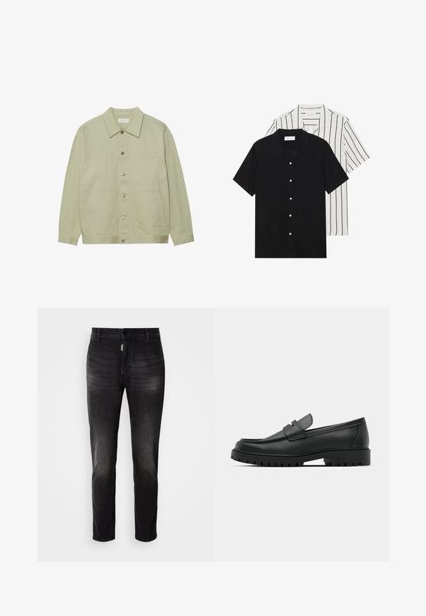 Jachetă de culoare verde deschis, cu nasturi, din bumbac. Dispune de două buzunare frontale și un guler clasic. Material texturat cu un finisaj neted.; Două cămăși cu mânecă scurtă: una complet neagră, iar cealaltă albă cu dungi verticale negre. Ambele au închidere cu nasturi și un guler clasic.; Jeanși negri din denim cu croială dreaptă, cu un sistem de închidere cu nasturi, cinci buzunare și o ușoară decolorare în textura materialului.; Mocasini din piele neagră cu vârful rotunjit, având un design cusut, talpă joasă și o talpă din cauciuc texturat, cu crampoane.