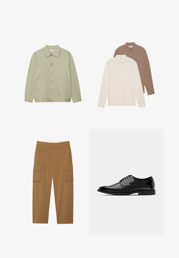 Lys grønn, knappet jakke laget av bomull. Har to frontlommer og en klassisk krage. Teksturert stoff med en glatt overflate.; To langermede skjorter: en kremfarget og en brun, begge med knappelukking på kragen, synlig tekstur på stoffet, enkel design, og med etiketter synlige.; Brune cargo bukser med to sidelommer, en flad front og lige ben. Lavet av et slitesterkt stoff med en jevn tekstur.; Svart lakkskinn dressko med rund tå, snøring og glatt, blank overflate. Den har en lav, gummisåle.