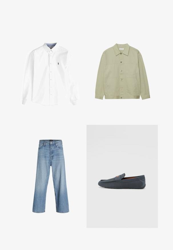 Giacca button-up verde chiaro realizzata in cotone. Presenta due tasche anteriori a toppa e un collo classico. Tessuto testurizzato con finitura liscia.; Camicia bianca a maniche lunghe in cotone, con colletto alla francese, pattina frontale con bottoni e un piccolo logo di un'aragosta blu navy sul petto.; Jeans blu chiaro a gamba larga realizzati in denim, con vita alta, classico design a cinque tasche e chiusura a bottone con zip.; Mocassini grigi perforati con design slip-on, caratterizzati da un accento arancione, punta arrotondata e suola in gomma testurizzata.