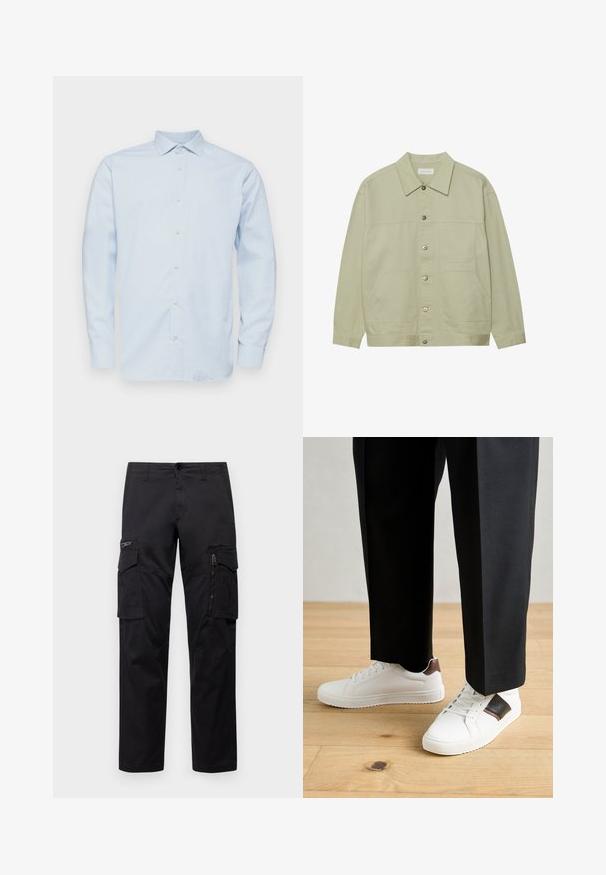 Hele roheline, nööbiga jope, mis on valmistatud puuvillast. Omab kahte ees olevat klapiga taskut ja klassikalist kraed. Tekstuuriga kangas, millel on sile viimistlus.; Hele sinine pika varrukaga särg, millel on terav krae, nööbid ees ja peen kaski muster. Valmistatud siledast kangast, millel on struktureeritud lõige.; Mustad mustree püksid, millel on mitu taskut, lukuulukuga tasku reie peal, sirge lõige ja tugevast puuvillast materjal, millel on kerge läige.; Valged sneakersid siledat tekstuurist, millel on pruunad nahast detailid ja mustad aksessuaarid, millele on sobitatud mustad kohandatud püksid. Puitpõranda taust.
