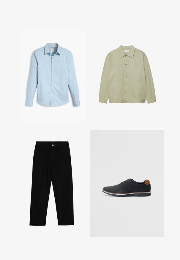 Jachetă de culoare verde deschis, cu nasturi, din bumbac. Dispune de două buzunare frontale și un guler clasic. Material texturat cu un finisaj neted.; Cămașă lungă cu mânecă, de culoare albastru deschis, din bumbac, cu guler clasic, butoane albe și un logo mic pe partea stângă a pieptului.; Pantaloni negri din denim cu croială dreaptă, design cu cinci buzunare și închidere frontală cu nasture. Textură netedă cu detalii de cusătură minime.; Pantofi sintetici negri cu un superior texturat, accente netede, toc maro și o talpă contrastantă. Prezintă un șnur minimalist și detalii de cusătură.