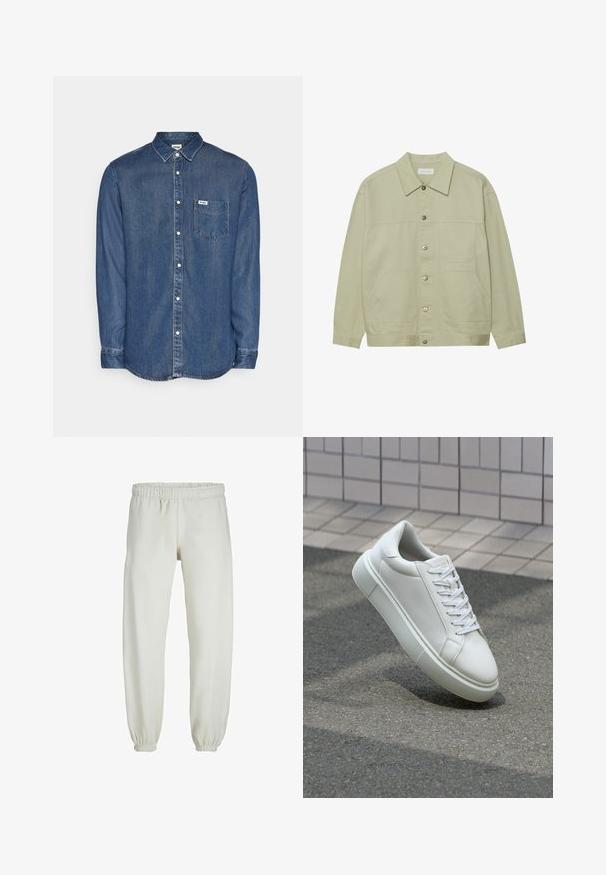 Svetlozelená, zapínacia bunda z bavlny. Disponuje dvoma prednými vačkovými vreckami a klasickým golierom. Textúrovaná tkanina s hladkým povrchom.; Džínová košeľa na gombíky v tmavomodrej farbe. Má golier, dlhé rukávy, náprsné vrecko a biele gombíky. Detail šitia pozdĺž okrajov.; Biele teplákové nohavice vyrobené z mäkkej textílie, s elastickým pásom a manžetami, s hladkým povrchom a voľným strihom.; Biele kožené tenisky s hladkým povrchom, okrúhlym špičkou a plochými bielymi šnúrkami. Obsahuje štruktúrovanú gumovú podrážku a minimalistický dizajn.