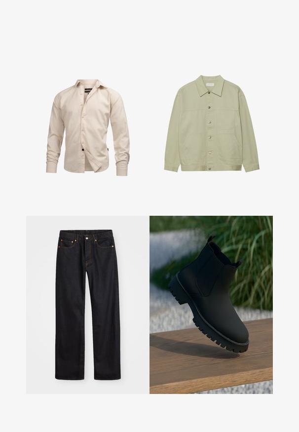 Lys grønn, knappet jakke laget av bomull. Har to frontlommer og en klassisk krage. Teksturert stoff med en glatt overflate.; Lys beige langermet skjorte med krage, med en enkel tekstur, standard mansjetter, frontplacket og svart merkeakent. ; Men's straight-leg svarte denim jeans med fem lommer og oransje søm, knapp og glidelås lukking foran på midjen.; Sorte ankelstøvler med en glatt finish, elastiske sidepaneler og en tykk, robust såle. Plassert mot en naturlig bakgrunn på en tresurface.