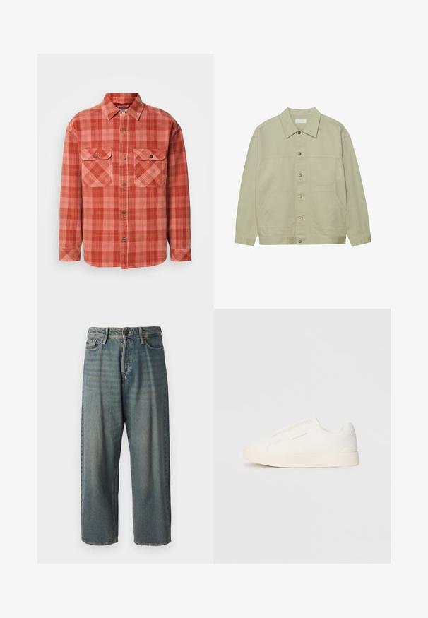 Gaiši zaļš, pogājams jaciņa, izgatavota no kokvilnas. Satur divas priekšējās kabatas un klasisku apkakli. Audums ar tekstūru un gludu apdari.; Sarkans un rozā raibs flanelis ar garām piedurknēm, pogājams apkakles, divas krūšu kabatas un kontrastējošas pogu detaļas.; Gaiši zili džinsi ar brīvu piegriezumu, vidējo jostas augstumu un taisnām kājām. Satur piecas kabatas, jostas cilpas un pogu aizdari.; Baltas slip-on sporta apavi ar teksturētu virsmu, biezu zoli un minimālistisku dizainu. Sānos redzams zīmola logotips.