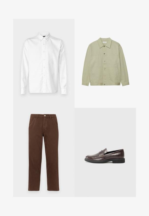Světle zelená, zapínací bunda vyrobená z bavlny. Obsahuje dvě přední náprsní kapsy a klasický límeček. Texturovaná látka s hladkým povrchem.; Bílá košile s dlouhým rukávem vyrobená z hladké tkaniny, s klasickým límečkem a rovním spodním lemem. Minimalistický design bez vzorů.; Hnědé bavlněné kalhoty s rovnými nohavicemi, předními kapsami a kovovým zapínáním. Vynikají hladkým texturem a minimalistickým designem.; Hnědé kožené mokasíny s hladkým povrchem, které mají jemný prošitý detail na svršku a černou gumovou podrážku.
