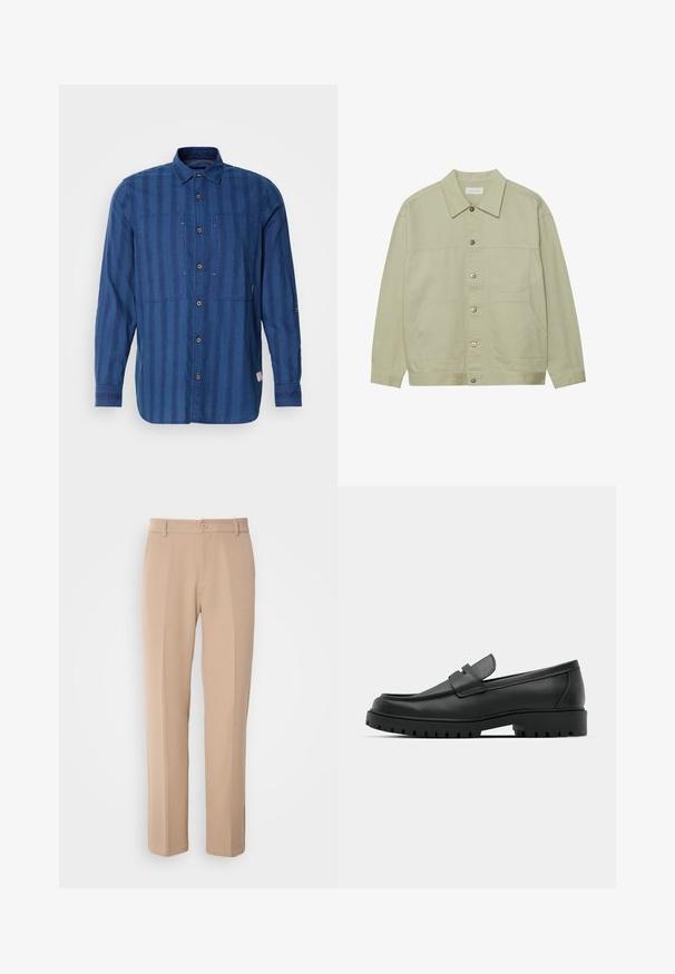 Svetlozelená, zapínacia bunda z bavlny. Disponuje dvoma prednými vačkovými vreckami a klasickým golierom. Textúrovaná tkanina s hladkým povrchom.; Modrá pruhovaná košeľa s dlhým rukávom vyrobená z mäkkej tkaniny, s gombíkovým zapínaním, dvoma vreckami na hrudi a klasickým golierom.; Béžové nohavice vyrobené z hladkej látky, s rovným strihom, predným zapínaním na gombík a subtilnými záhybmi pozdĺž prednej časti.; Čierne kožené mokasíny s okrúhlou špičkou, s prešitým dizajnom, nízkou platformou a textúrovanou, zúbkovanou gumovou podrážkou.