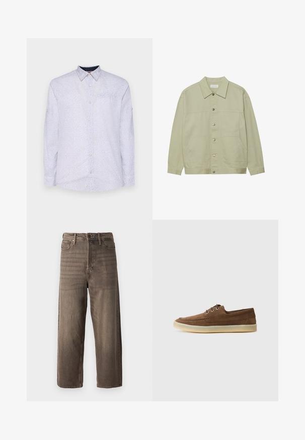 Világos zöld, gombos dzseki pamutból. Két elülső foltvarrásos zseb és klasszikus gallér jellemzi. Texturált anyag, sima felülettel.; Fehér, hosszú ujjú ing, kis tengerészkék pöttyökkel, gombos gallérral és mellzsebbel. Gombos mandzsettákkal és sima textúrával rendelkezik.; Barna, széles lábú farmernadrág, denim anyagból készült. Cipzáras záródás, övbújtatók és öt zseb található rajta. Az anyag megjelenése halvány pattanásos hatású.; Barna velúr cipők alacsony profillal, fűzős kialakítással, gumitalppal és kontrasztos varrási részletekkel. Egyszerű és funkcionális stílus.