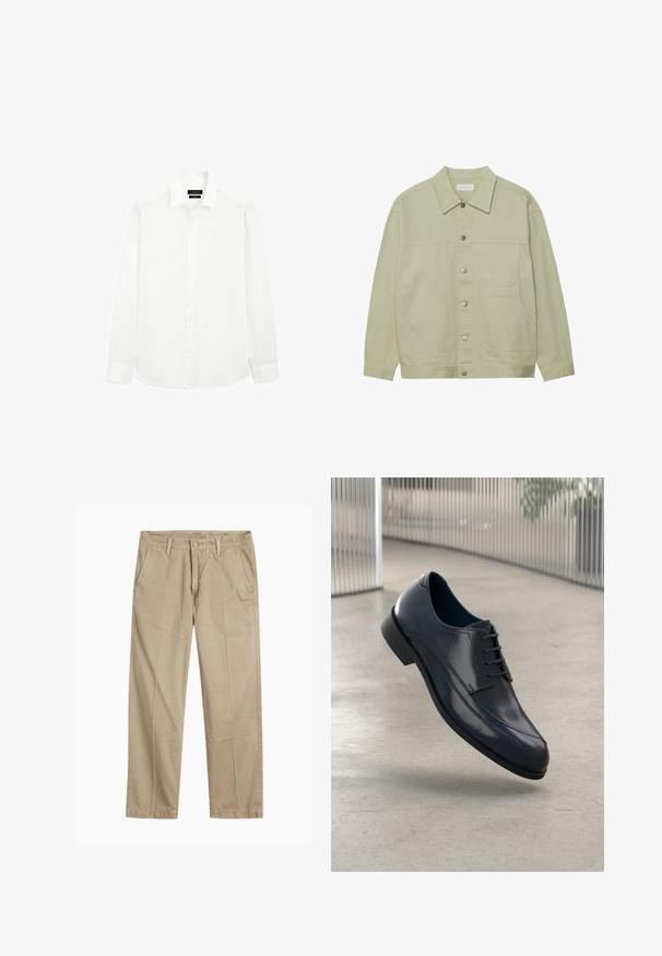 Lichtgroene, knoopsluiting jas van katoen. Voorzien van twee voorste opgestikte zakken en een klassieke kraag. Gelaagd stof met een gladde afwerking.; Witte lange mouwen overhemd met een klassieke kraag, knoopsluiting aan de voorkant en rechte zoom. Gemaakt van lichte stof met een soepele textuur.; Beige rechte pijpen chinos met riemlussen, voorkant met knoop en rits sluiting, en schuine voorzakken.; Glanzende zwarte leren schoenen met veters, zwevend boven een glad, lichtgrijze vloer en verticale metalen stangen op de achtergrond.