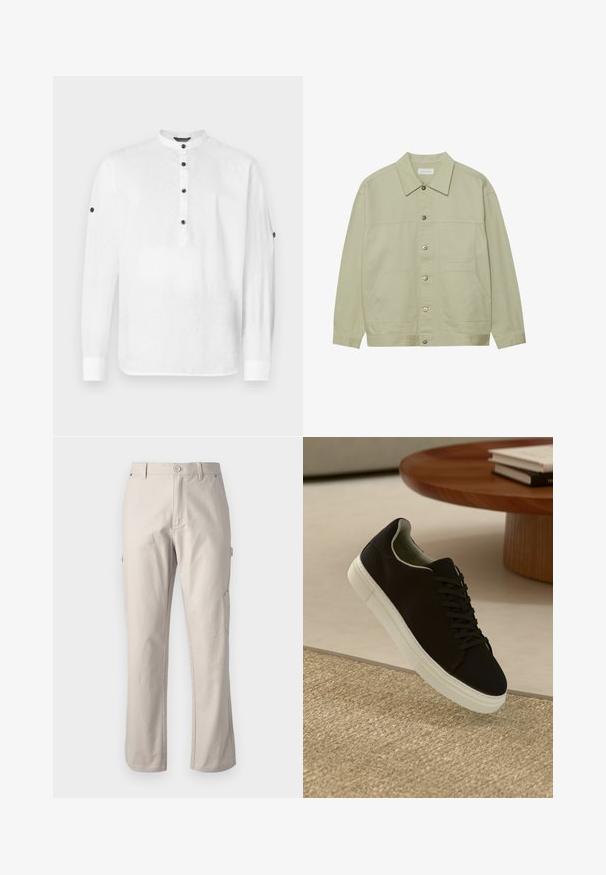 Giacca button-up verde chiaro realizzata in cotone. Presenta due tasche anteriori a toppa e un collo classico. Tessuto testurizzato con finitura liscia.; Camicia di lino bianco con colletto alla francese, maniche lunghe e dettagli in bottone nero sul davanti e sui polsini. Presenta una vestibilità morbida.; Pantaloni cargo beige realizzati in cotone resistente con gambe dritte, chiusura frontale con bottone e tasche laterali per utility. Texture liscia con cuciture sottili.; Sneaker nero con suola bianca che flotta sopra un tappeto beige testurizzato vicino a un tavolo rotondo in legno con libri impilati.