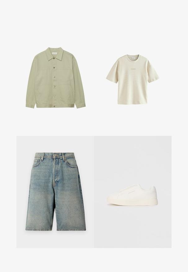 Šviesiai žalia, mygtukais užsegama striukė, pagaminta iš medvilnės. Pasižymi dviem priekinėmis kišenėmis ir klasikiniu aplankalu. Tekstūruotas audinys su lygiu paviršiumi.; Šviesiai smėlinės spalvos, trumpomis rankovėmis t-shirt, pagamintas iš minkštos medžiagos. Pasižymi subtiliu dryžuotu raštu ir nedideliu spausdintu logotipu krūtinėje.; Šviesiai mėlynos džinsinės šortai su laisvu siluetu, turintys penkis kišenes, priekinį uždarymą mygtuku ir netolygų apatinį kraštą.; Baltos slip-on sportbačiai su tekstūruota paviršiumi, storesniu padu ir minimalistišku dizainu. Šone matosi prekės ženklo logotipas.