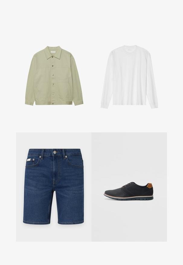 Chaqueta de algodón de color verde claro, con botones. Presenta dos bolsillos de parche en la parte frontal y un collar clásico. Tejido texturizado con un acabado suave.; Camiseta de algodón blanca de manga larga con cuello redondo y puños acanalados. Diseño simple y sin adornos, con una textura suave y corte estándar.; Shorts de mezclilla azul oscuro con un diseño clásico de cinco bolsillos, cierre de botón metálico y dobladillo recto. Detalle de marca minimalista visible.; Zapatos sintéticos negros con un upper texturizado, acentos lisos, tacón marrón y una suela en contraste. Presenta un cordón mínimo y detalles de costura.