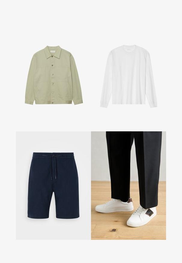 Lyst grønn, knap-ophængt jakke lavet af bomuld. Har to forretningslomme og en klassisk krave. Struktureret stof med en glat overflade.; Langærmet hvid bomuldstrøje med rund hals og ribbede manchetter. Enkel, umasket design med en glat tekstur og standard pasform.; Mørkeblå shorts lavet af blødt stof, med elastisk talje og snor, sidelommer og lige ben.; Hvide sneakers med glat tekstur, prydet med brune læderdetaljer og sorte detaljer, sammen med sorte skræddersyede bukser. Baggrund med trægulv.