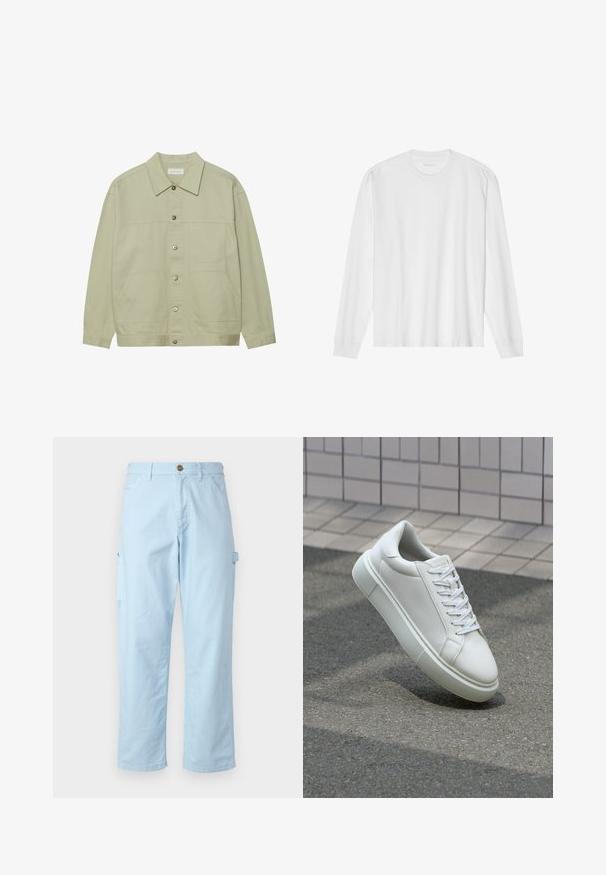 Lys grønn, knappet jakke laget av bomull. Har to frontlommer og en klassisk krage. Teksturert stoff med en glatt overflate.; Langarmet hvit t-skjorte i bomull med rund hals og ribbestrikkede mansjetter. Enkelt, uornamentert design med glatt tekstur og standard passform.; Lyseblå cargo-bukser laget av myk bomull med rett snitt, med sidelommer og knappelukking i livet.; Hvit lær sneaker med glatt overflate, rund tå og flate hvite snøringer. Har en teksturert gummisåle og minimale design elementer.