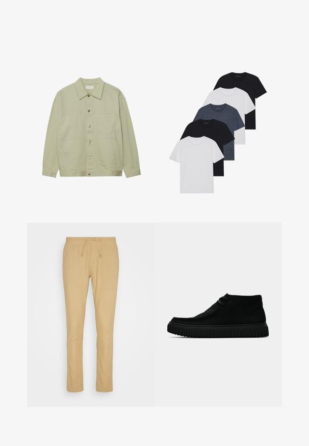 Light green, button-up jacket made of cotton. Features two front patch pockets and a classic collar. Textured fabric with a smooth finish.; Set of five t-shirts in black, white, and navy blue. Cotton fabric, short sleeves, crew neck design, and plain texture with no patterns.; Beige trousers made of lightweight fabric, featuring an elastic waistband with drawstring, straight cut, and smooth texture.; Black ankle boots made of soft material, with a rounded toe, minimal lacing, and a textured rubber sole featuring vertical grooves.
