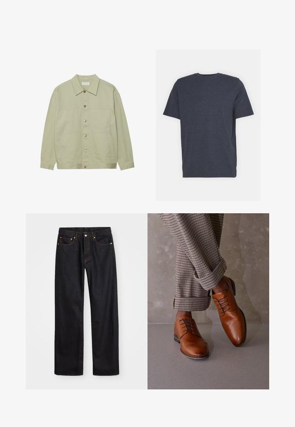 Veste boutonnée vert clair en coton. Possède deux poches plaquées à l'avant et un col classique. Tissu texturé avec une finition lisse.; T-shirt bleu marine à col rond en tissu de coton mélangé doux, avec des manches courtes et une coupe régulière. Pas de motifs ni d'accents visibles.; Jean en denim noir pour hommes, coupe droite, avec cinq poches et surpiqûres orange, fermeture par bouton et zip à la taille avant.; Des chaussures en cuir marron présentent un bout arrondi, un laçage à cinq œillets et des lacets sombres contrastés. Le pantalon est à carreaux, retroussé aux poignets.