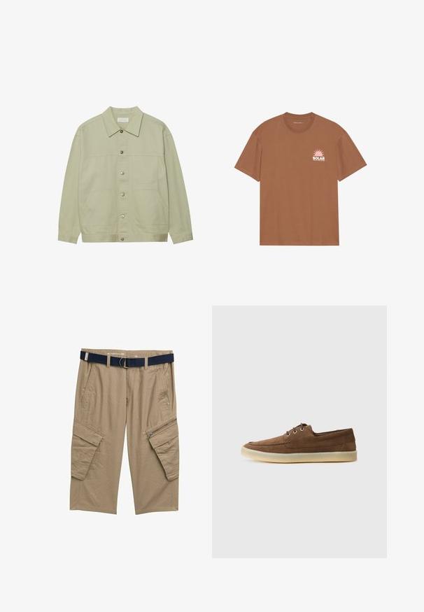 Hellgrüne, kurzärmelige Jacke mit Knöpfen aus Baumwolle. Verfügt über zwei aufgesetzte Taschen auf der Vorderseite und einen klassischen Kragen. Strukturiert mit einer glatten Oberfläche.; Braunes Kurzarm-T-Shirt aus Baumwolle mit einem rosa Sonnenmotiv und dem Text "SOLAR" auf der linken Brust. Mit Rundhalsausschnitt.; Beige Cargo-Shorts mit zwei Seitentaschen, einer Reißverschlusstasche und einem marineblauen Gürtel. Hergestellt aus einem strukturierten Stoff mit einer lockeren Passform.; Braune Wildlederschuhe mit niedriger Profilhöhe, Schnürdesign, Gummisohle und kontrastierenden Nähdetails. Schlichtes und funktionales Design.