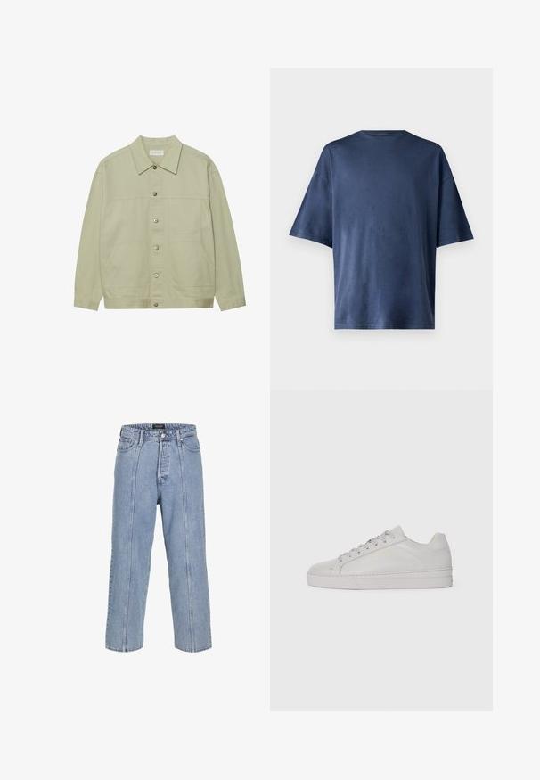 Světle zelená, zapínací bunda vyrobená z bavlny. Obsahuje dvě přední náprsní kapsy a klasický límeček. Texturovaná látka s hladkým povrchem.; Tmavě modré tričko s krátkým rukávem, vyrobené z měkké tkaniny, má klasický kulatý výstřih a volný střih, bez viditelných vzorů nebo akcentů.; Světle modré džíny z denimu s volným střihem, širokými nohavicemi a viditelnými švy. Obsahují zapínání na knoflík a zip, pět kapes.; Světle šedá kožená teniska s hladkou texturou, zaoblenou špičkou, plochou gumovou podrážkou a tonálními tkaničkami. Obsahuje minimální branding ve zlaté barvě.
