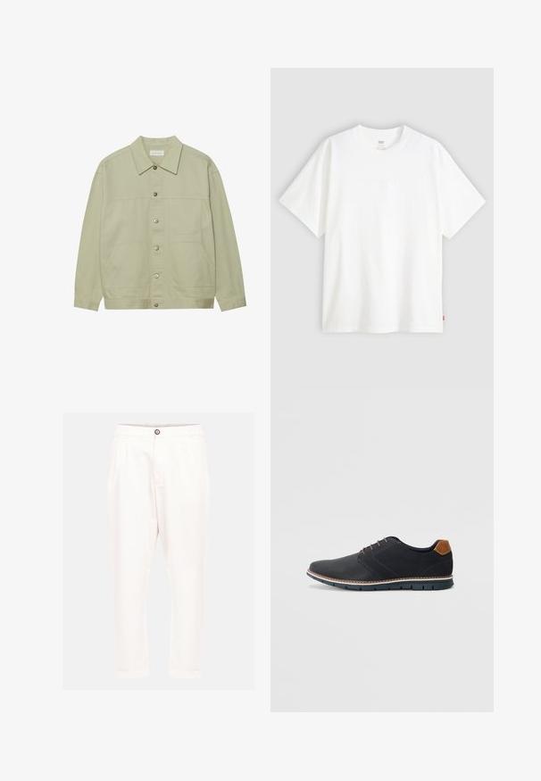 Jasnozielona, zapinana na guziki kurtka wykonana z bawełny. Posiada dwie przednie kieszenie typu patch oraz klasyczny kołnierz. Teksturowana tkanina o gładkim wykończeniu.; Biała koszulka z krótkim rękawem wykonana z bawełny, z okrągłym dekoltem. Posiada subtelny wytłoczony logo z przodu oraz czerwoną metkę na dolnym brzegu.; Białe bawełniane spodnie o luźnym kroju, z przodem zapinanym na guzik, dwiema bocznymi kieszeniami i podwiniętymi mankietami. Gładka tekstura i proste linie.; Czarne syntetyczne buty z fakturowaną cholewką, gładkimi akcentami, brązowym obcasem i kontrastującą podeszwą. Charakteryzują się minimalnym sznurowaniem i detalami w szwach.