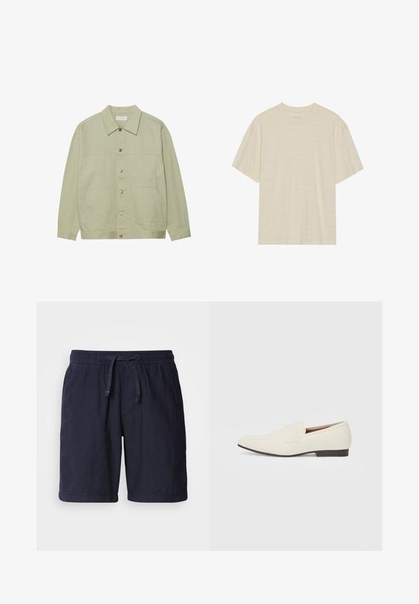 Veste boutonnée vert clair en coton. Possède deux poches plaquées à l'avant et un col classique. Tissu texturé avec une finition lisse.; T-shirt crème à manches courtes avec une texture rayée subtile et un col rond, fabriqué en tissu léger.; Shorts bleu marine en tissu léger, dotés d'une taille élastique avec cordon de serrage et de poches latérales. Design décontracté avec ourlets cousus.; Mocassins beige clair avec un bout pointu, en matériau lisse, une sangle sur le devant et une semelle basse marron. Design simple avec des accents minimalistes.