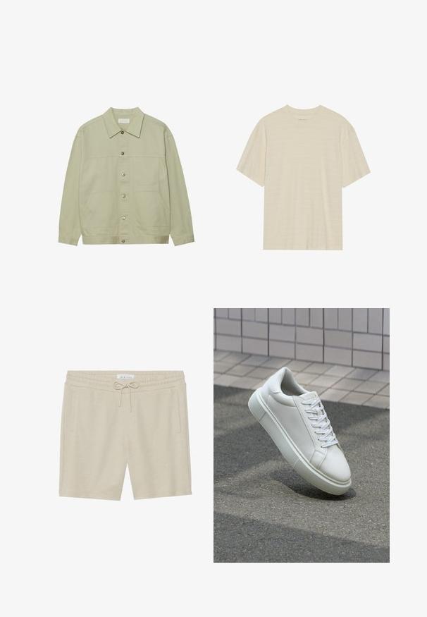 Lys grønn, knappet jakke laget av bomull. Har to frontlommer og en klassisk krage. Teksturert stoff med en glatt overflate.; Krèmfarget kortermet t-skjorte med en subtil stripete tekstur og rund halslinning, laget av lett materiale.; Kahki-fargede shorts laget av myk stoff, med snor i livet, to sidelommer og en avslappet passform.; Hvit lær sneaker med glatt overflate, rund tå og flate hvite snøringer. Har en teksturert gummisåle og minimale design elementer.